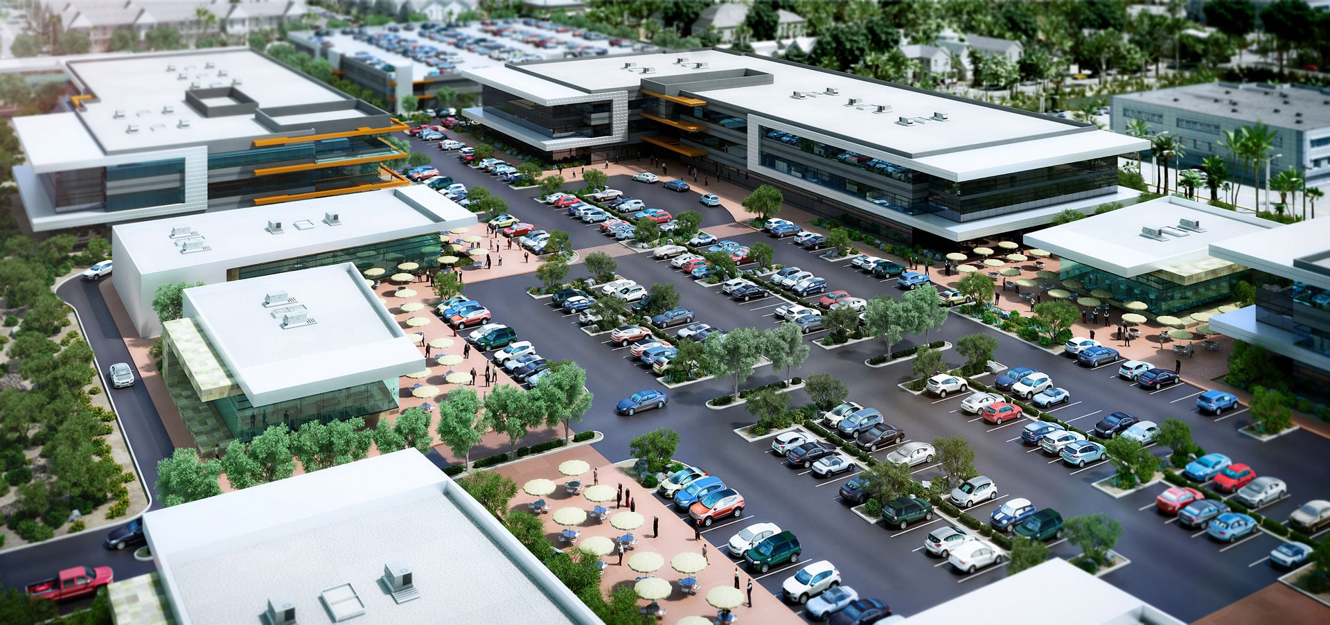 Aerial rendering of restaurants, shops and offices at One Scottsdale