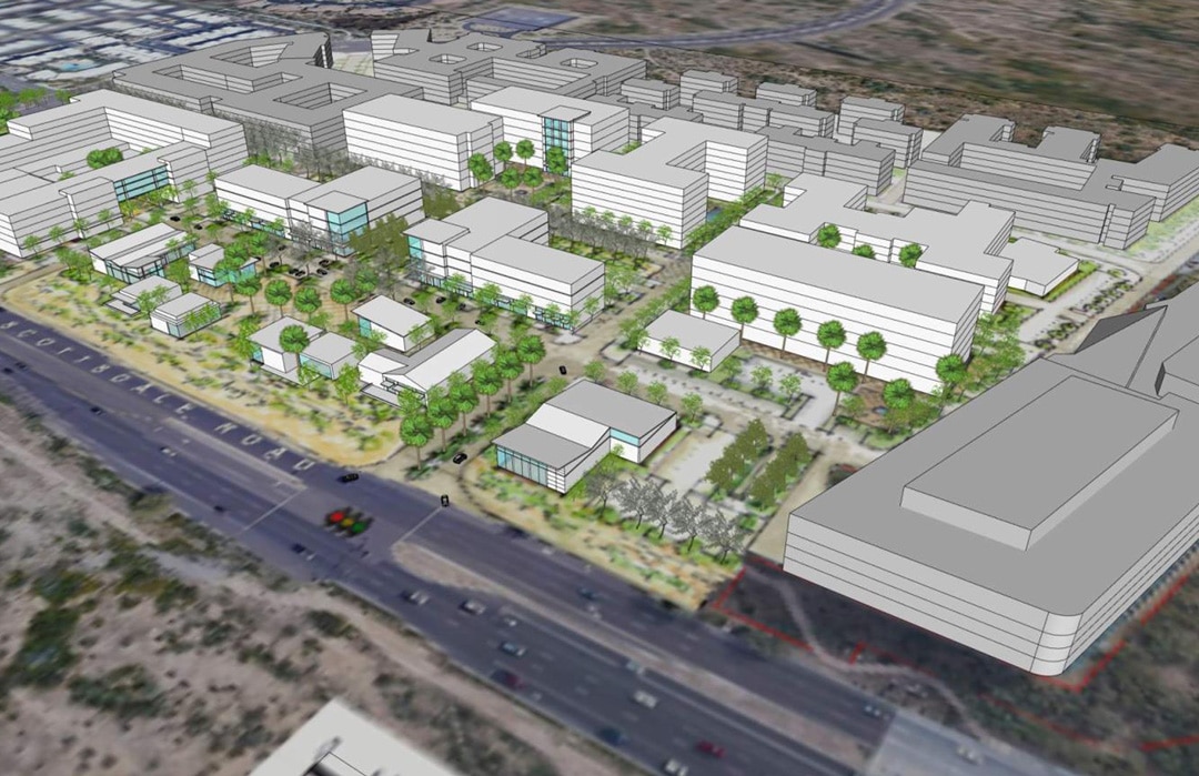 Master plan rendering of One Scottsdale along Scottsdale Road and the Loop 101